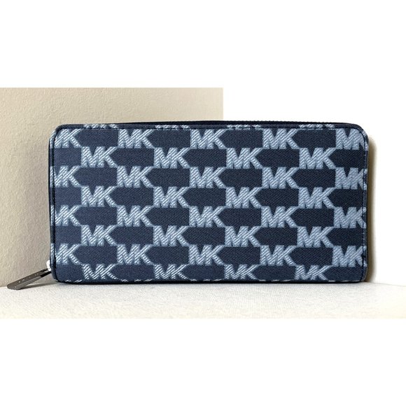 New Michael Kors Jet Set Cooper Tech Zip-Around Logo Wallet Navy Multi